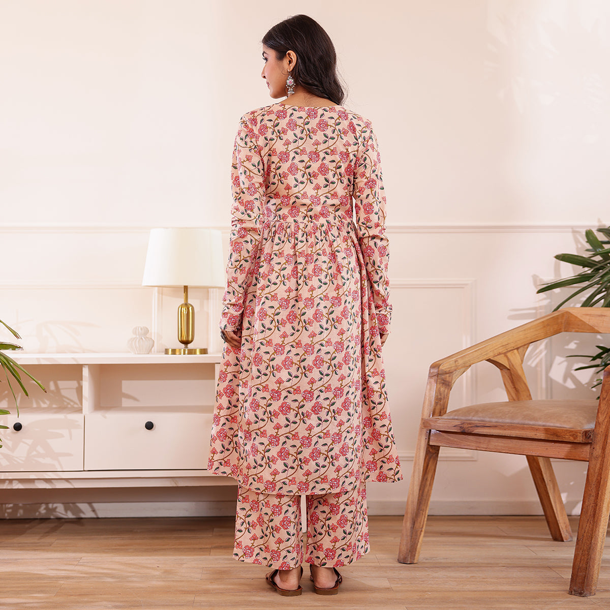 Peach Floral Printed Alia Cut Cotton Co-ord set