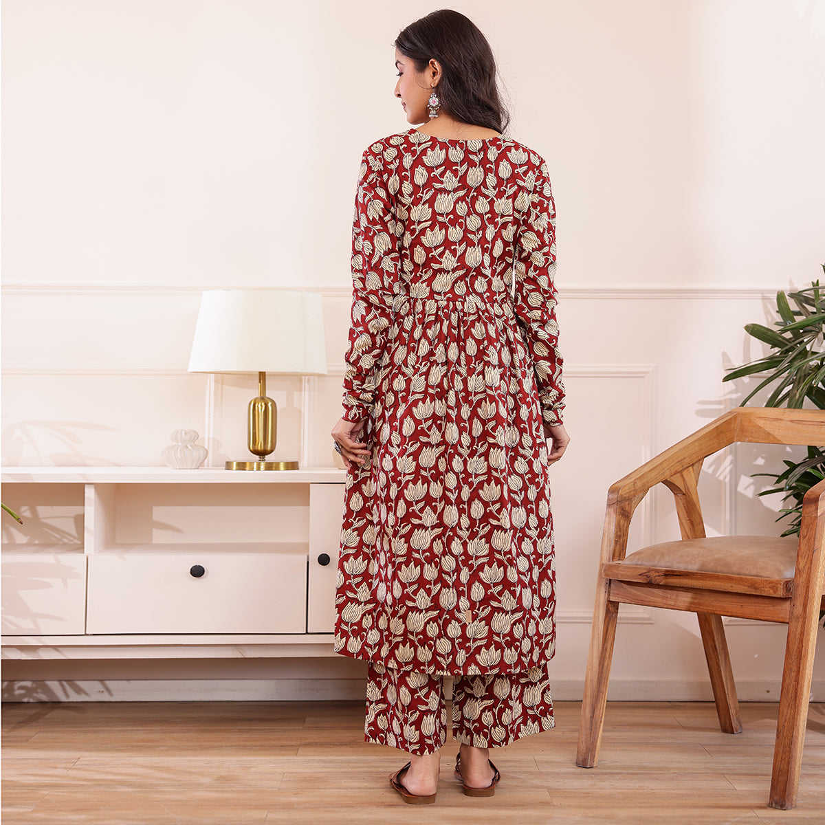 Maroon Floral Printed Alia Cut Cotton Kurta Palazzo Set With Dupatta