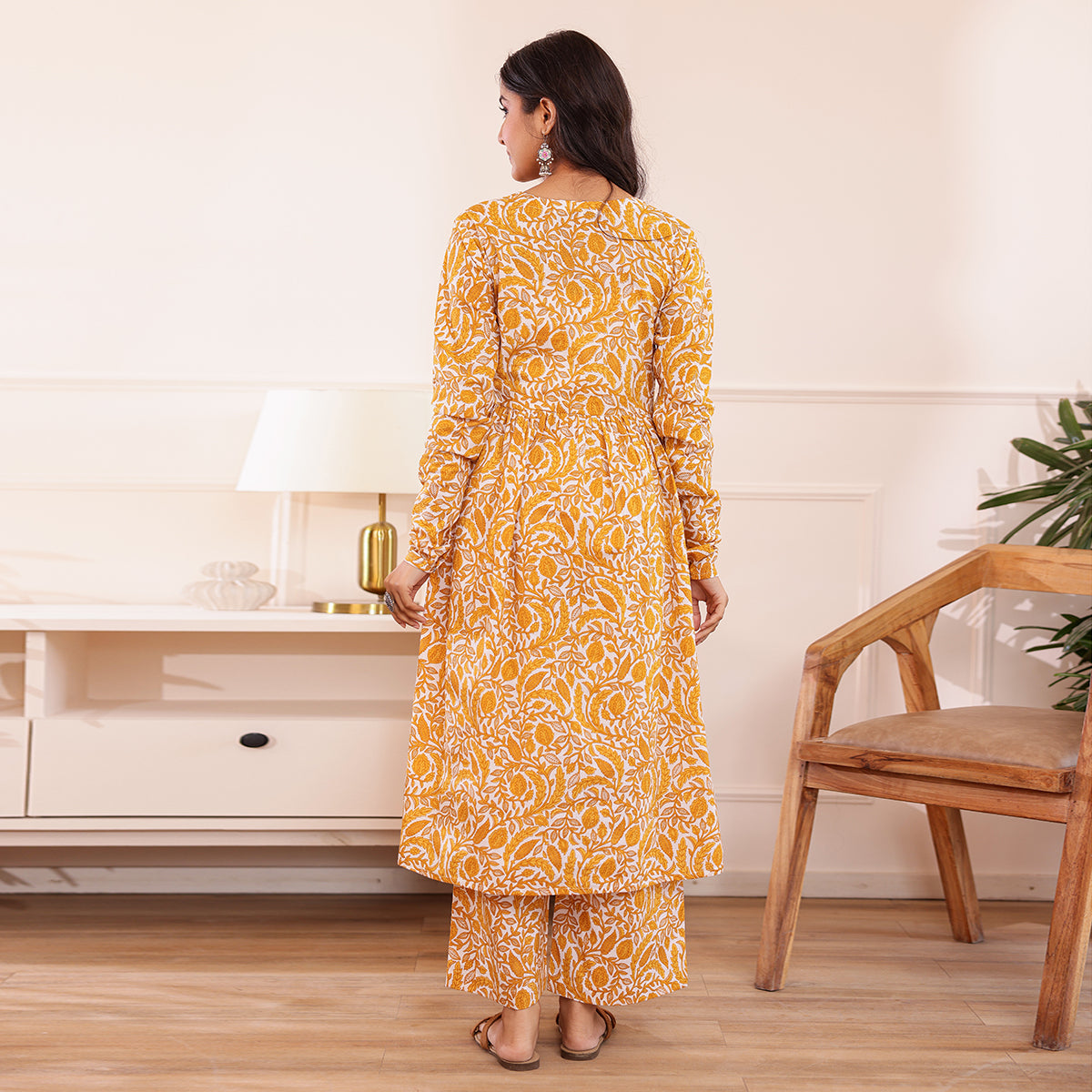 Yellow & White Floral Printed Alia Cut Cotton Co-ord set