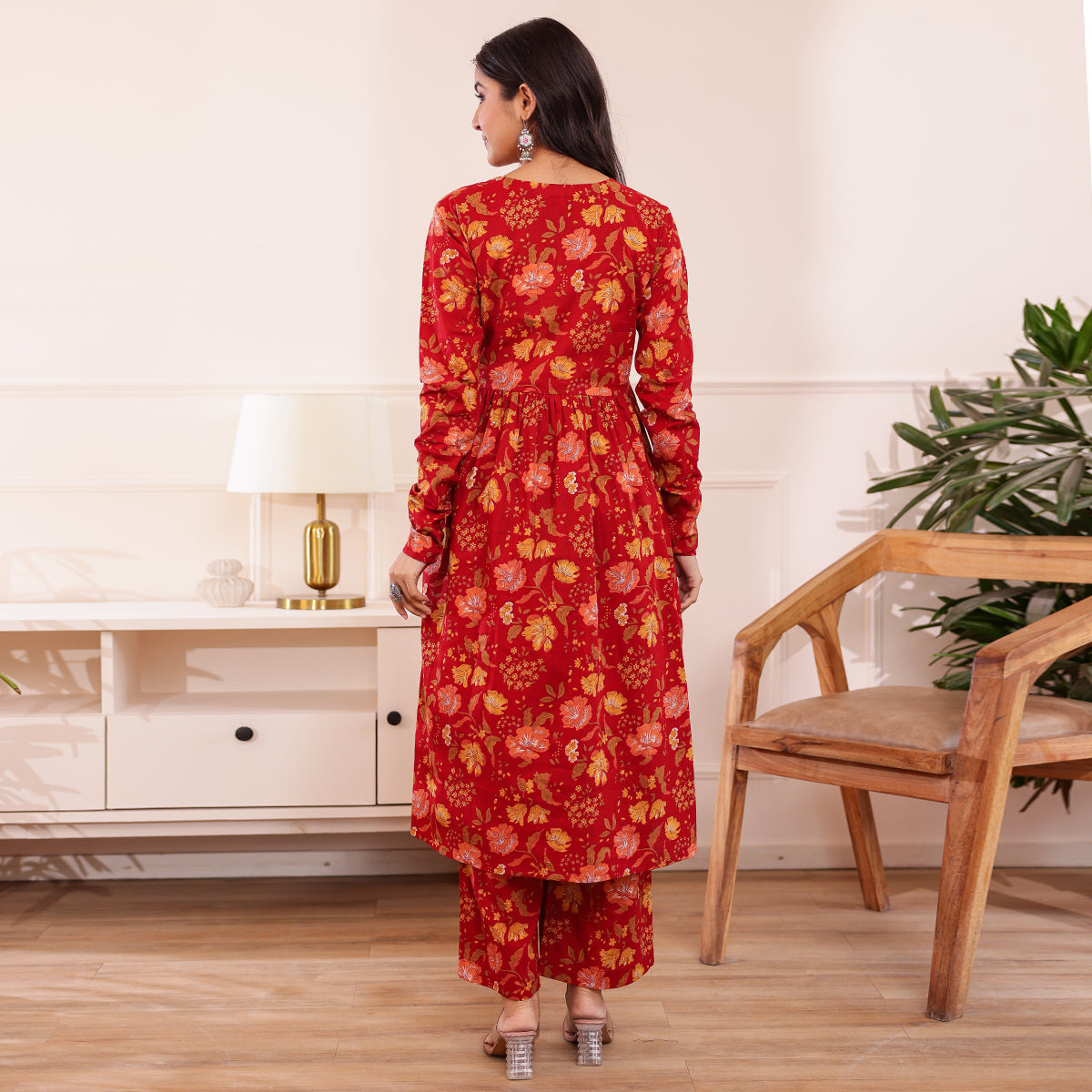 Red Floral Printed Alia Cut Cotton Kurta Palazzo Set With Dupatta