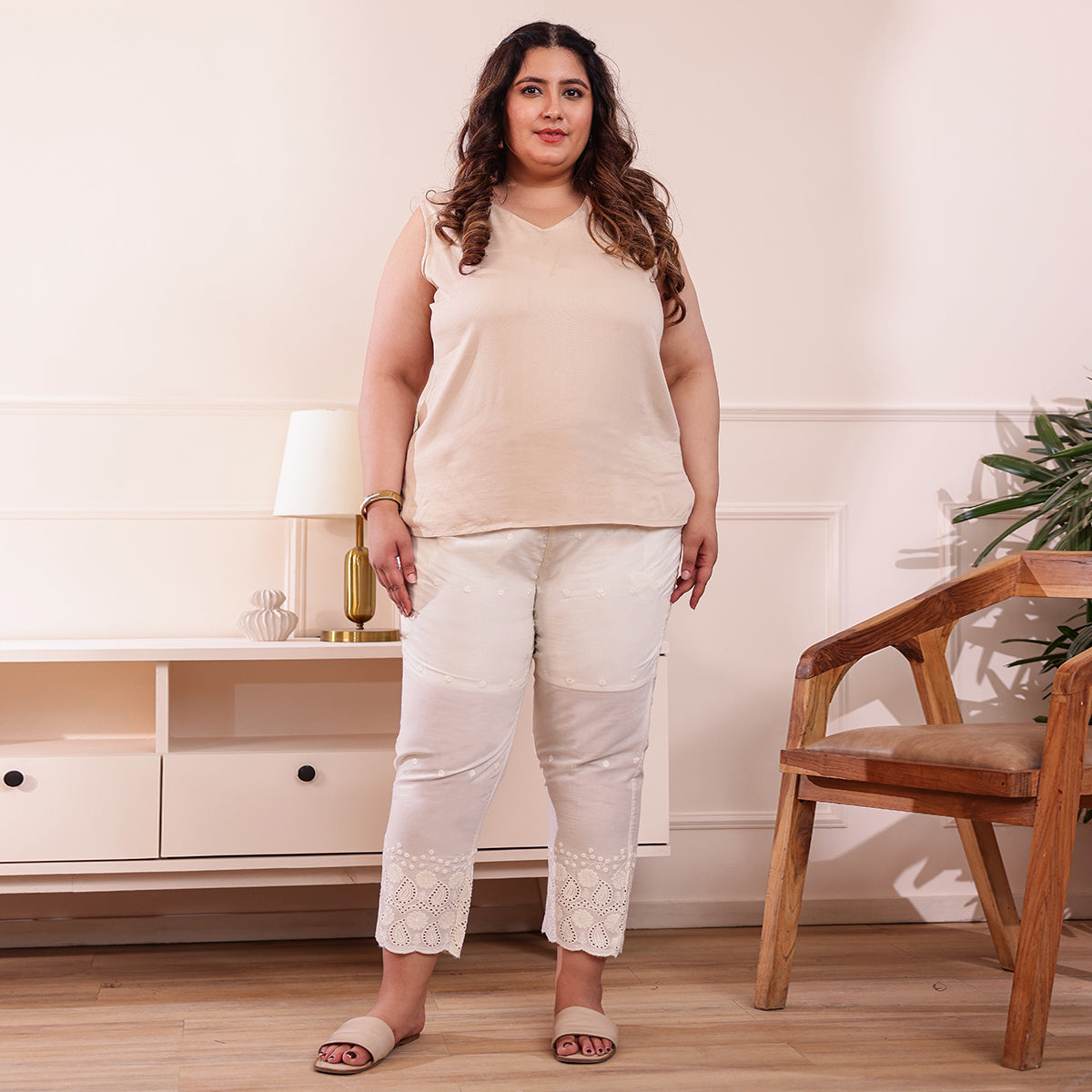 Cotton Embroidered Ankle-Length Pants for Women-Off White