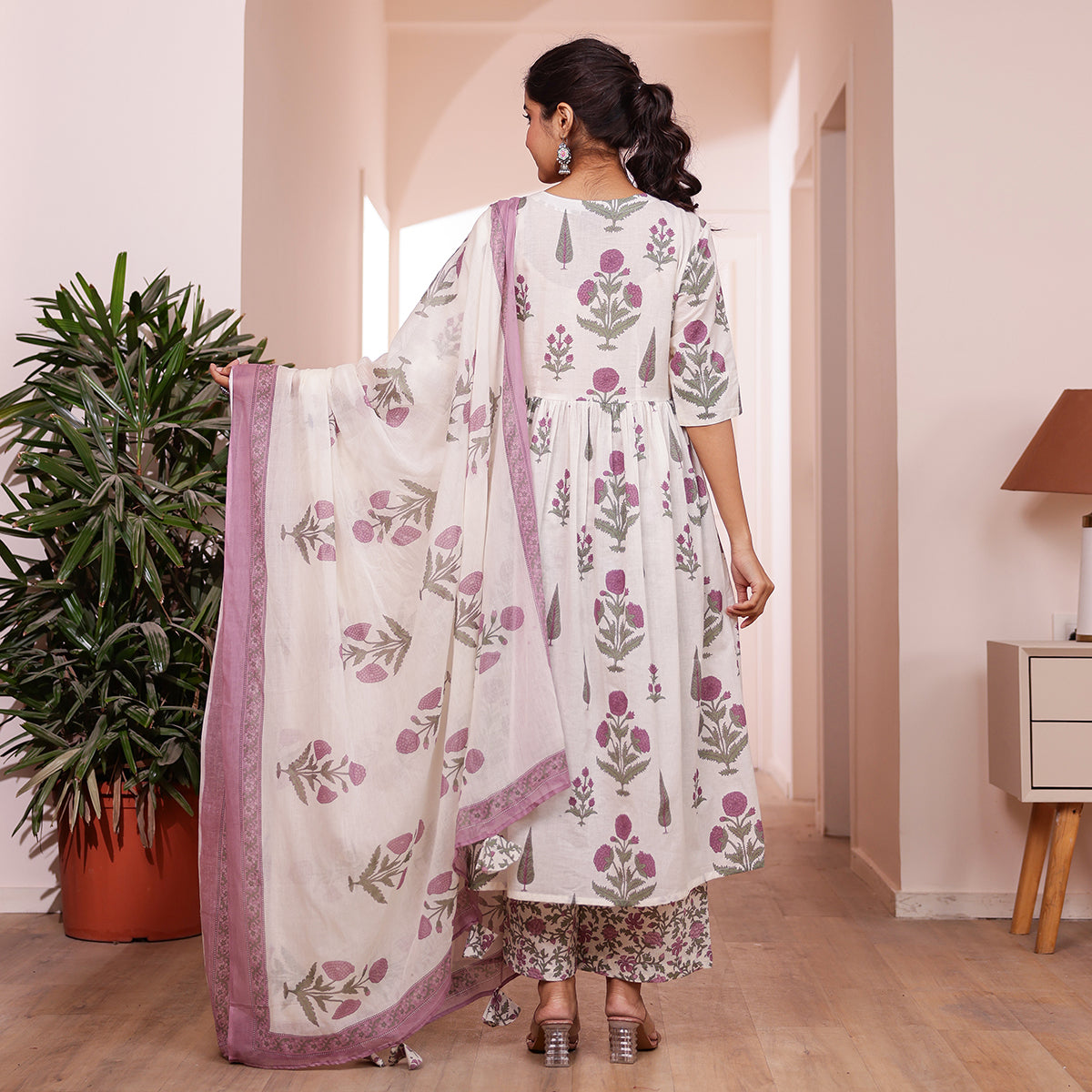 White & Purple Floral Butta Printed Cotton Kurta Palazzo Set With Dupatta