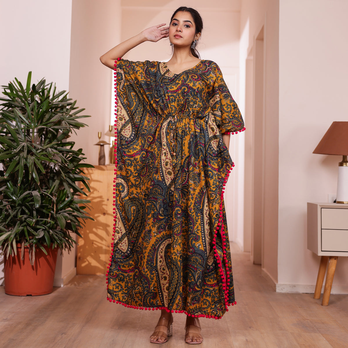 Mustard Paisley Printed Long Kaftan with Pink Pom-Pom Lace