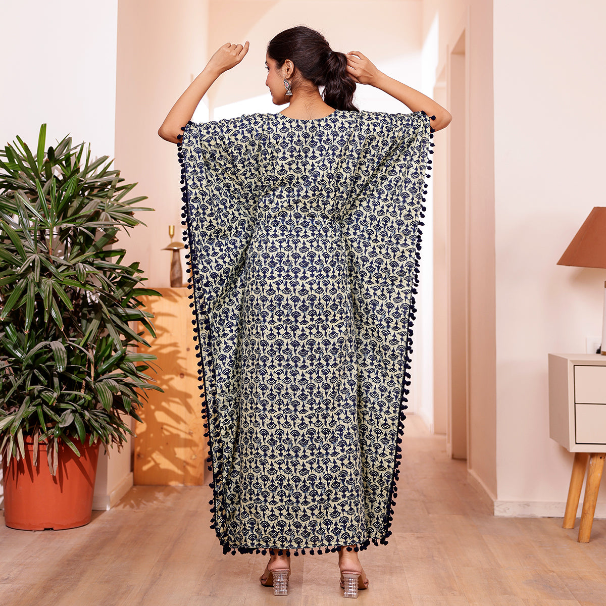 Off White & Blue Motif Printed Long Kaftan with Dark Navy Blue Pom-Pom Lace