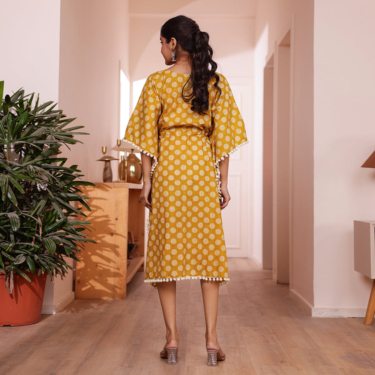 Mustard Yellow Polka Dot Printed Kaftan with Off-White Pom-Pom Lace
