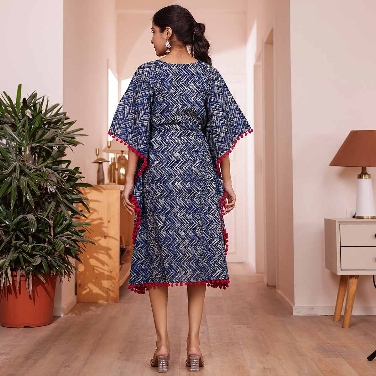 Indigo Zigzag Printed Kaftan with Dark Pink Pom-Pom Lace