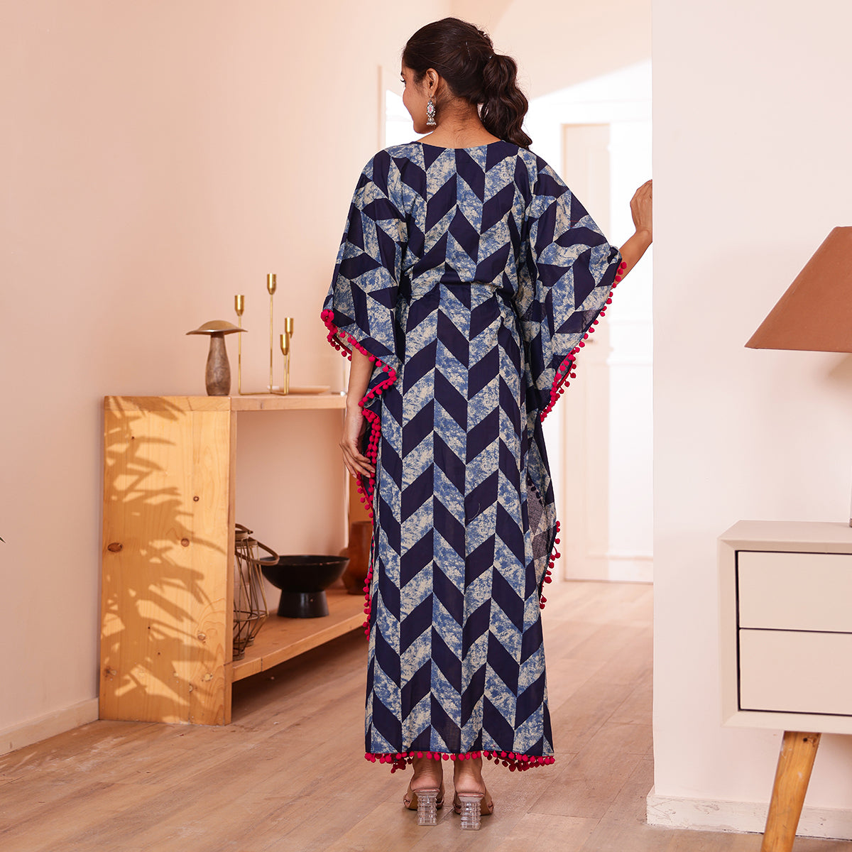 Navy Blue Geometric Printed Long Kaftan with Pink Pom-Pom lace