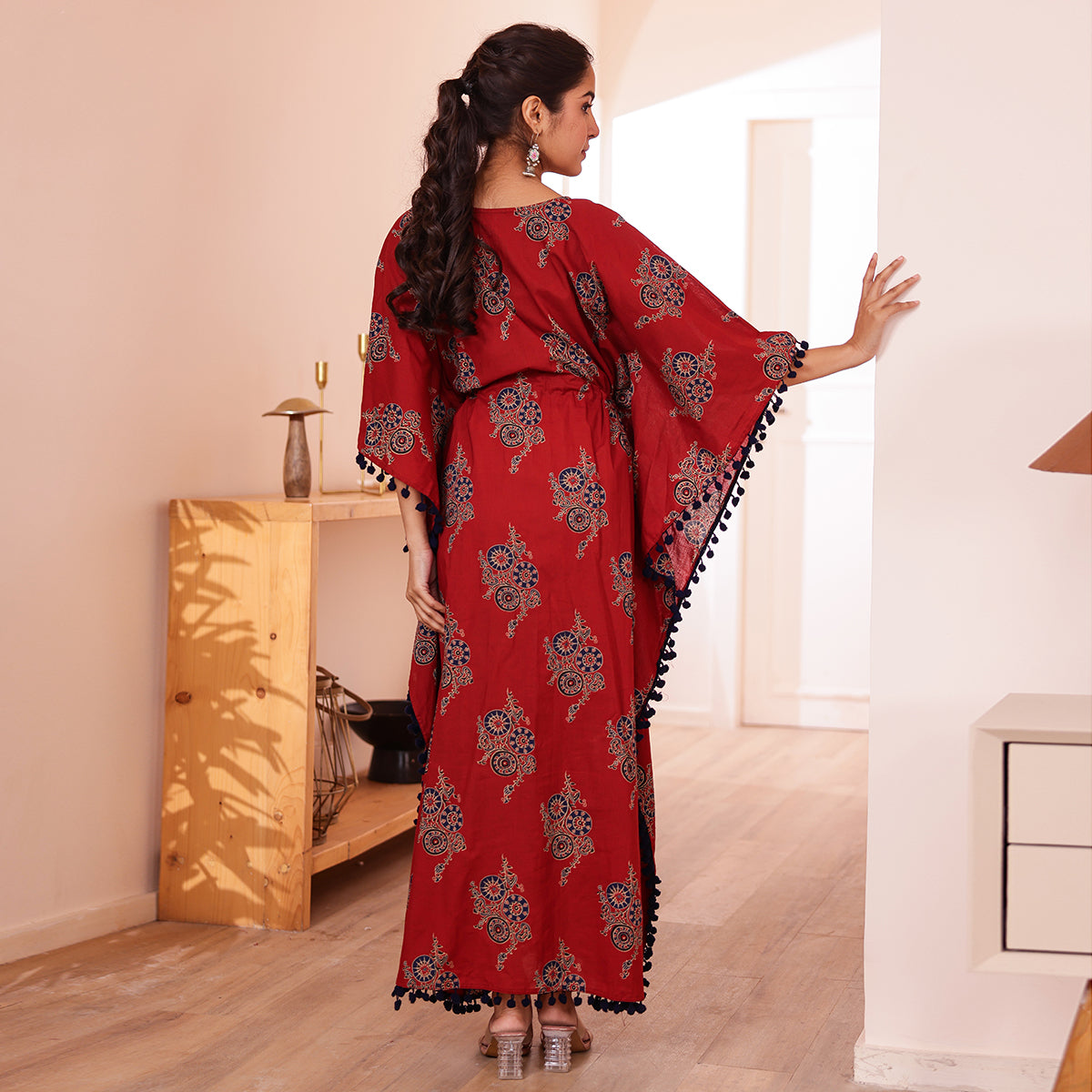 Maroon Motif Printed Long Kaftan with Navy Pom-Pom Lace