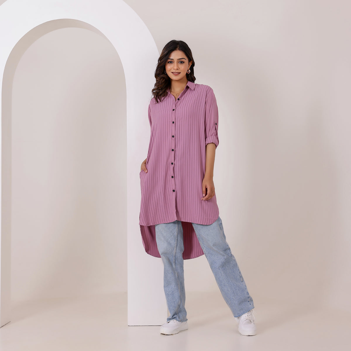 Dusty Mauve High Low Stripes Shirt