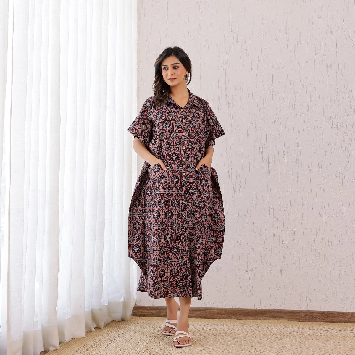 Maroon and Navy blue Ajrakh Printed Cotton Shirt Kaftan