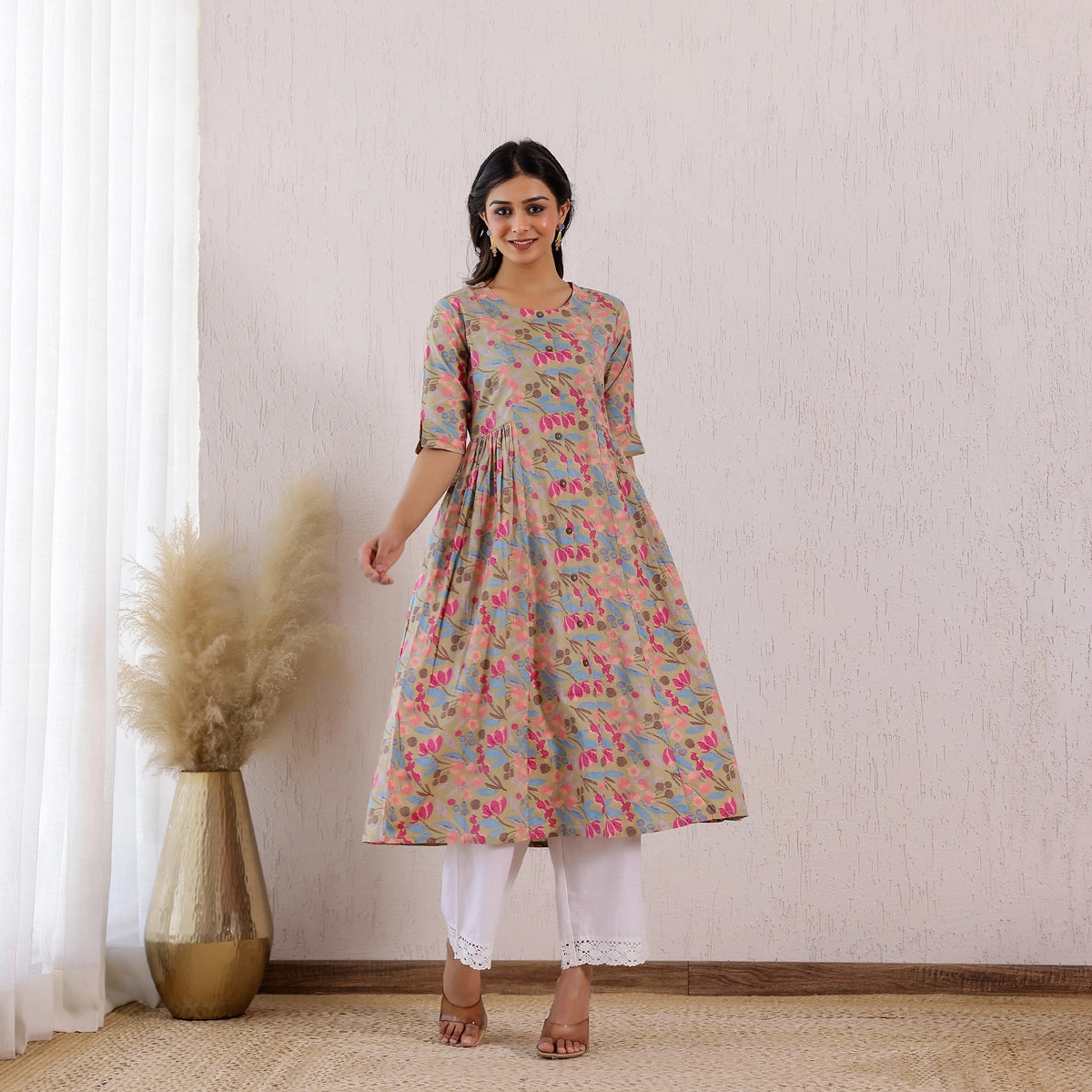 Pastel Green Floral Printed Cotton Kurti