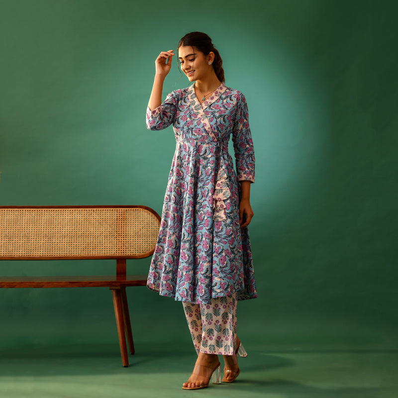 Pastel Blue and Cream Floral Printed Cotton Co-ord Set