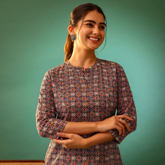 Black Ajrakh Printed Cotton Kurti