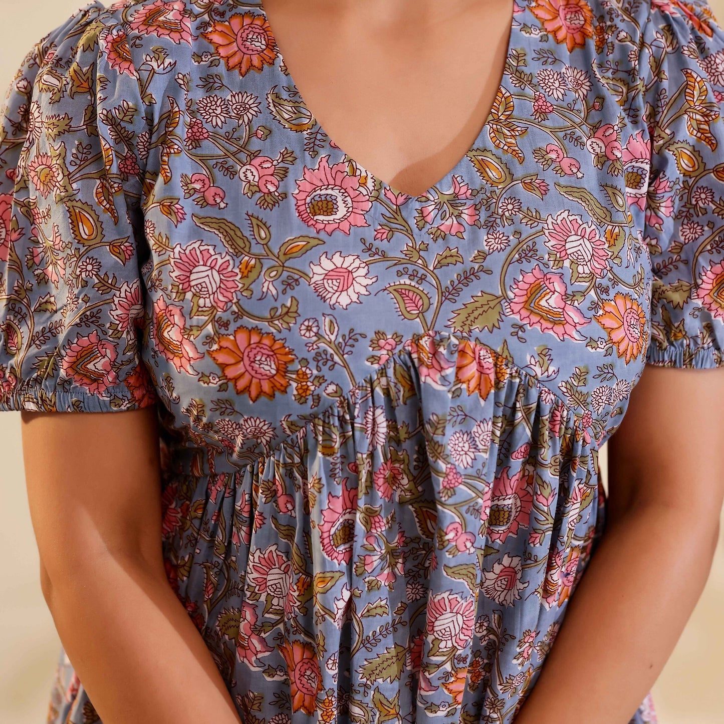 Pastel Grey Floral Print Alia Cut Cotton Dress