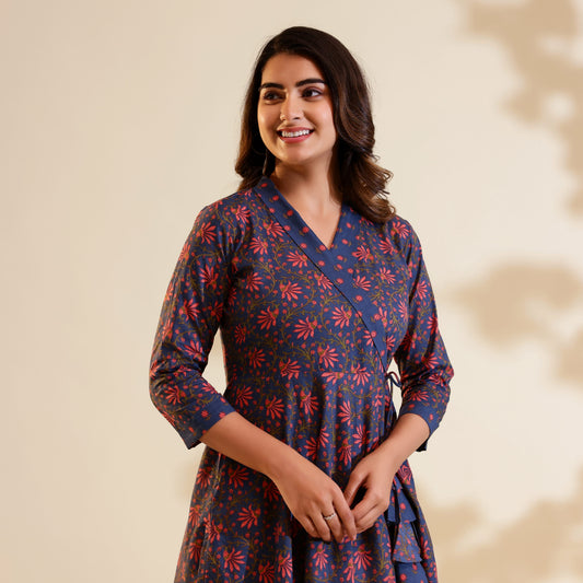 Grey And Coral Floral Printed Cotton Dress