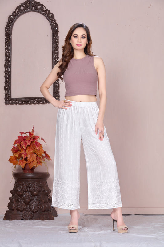 Flared White Chikan (Embroidered) Palazzo Pant