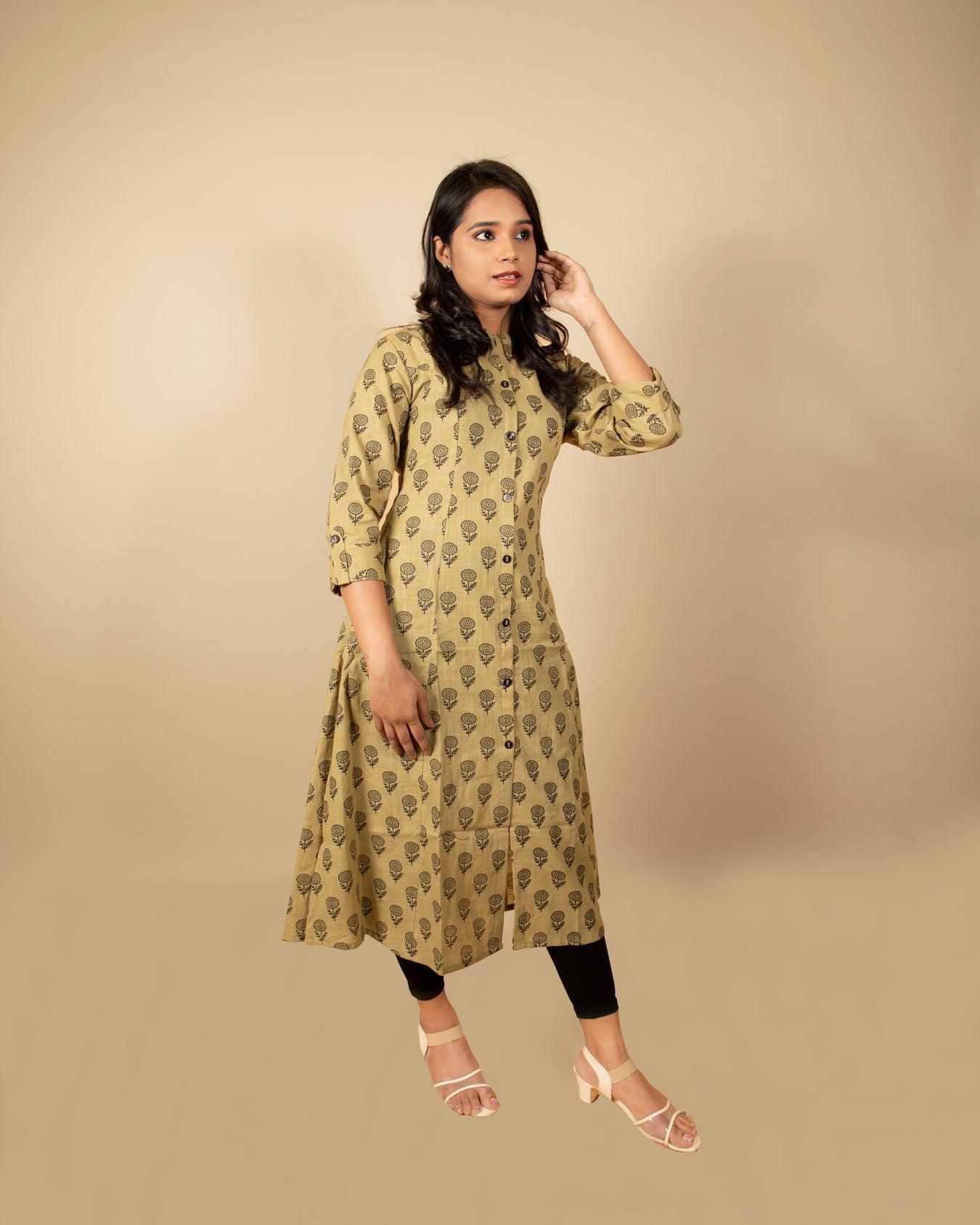 Olive Green & Black Buta Printed Kurti with Pocket