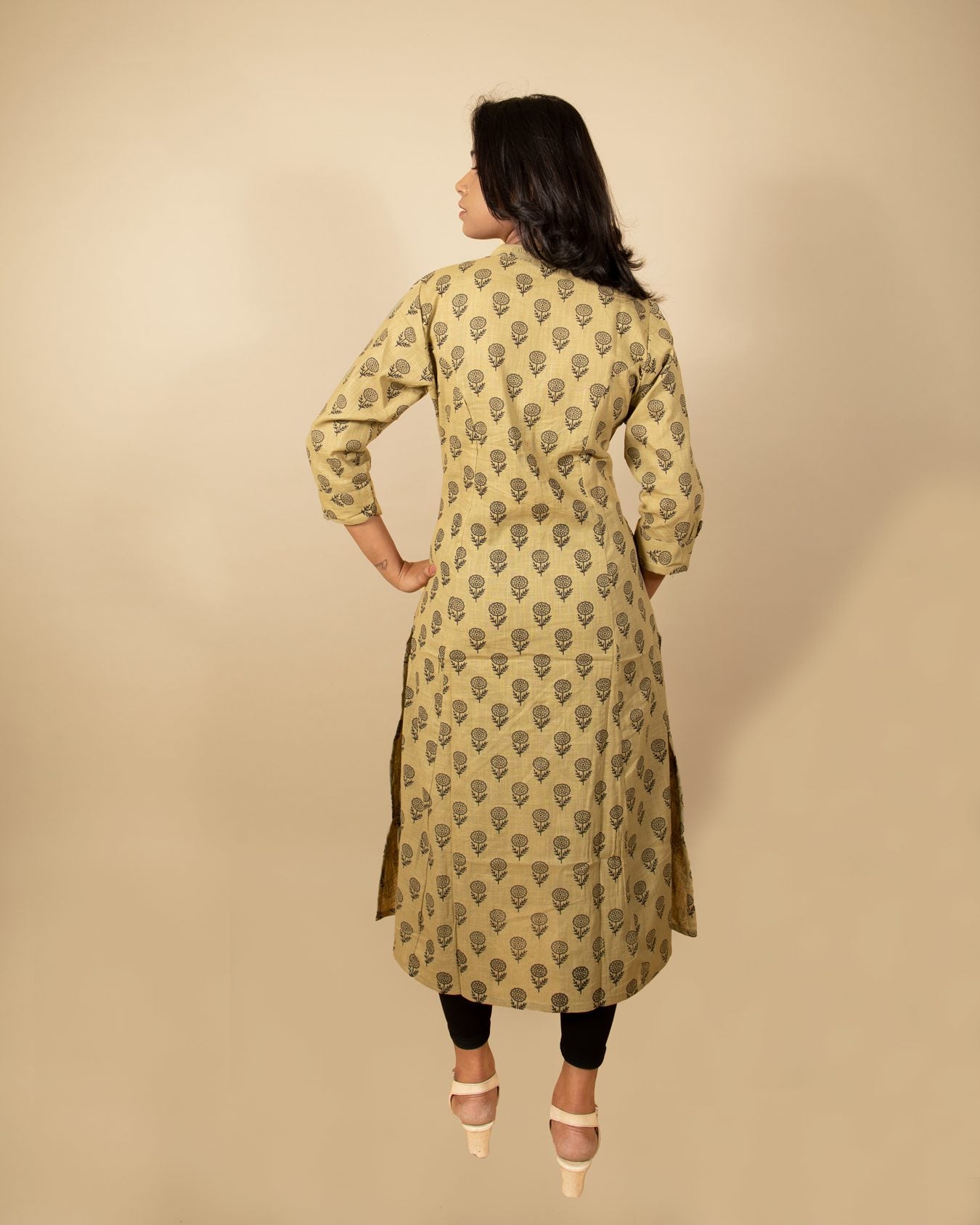 Olive Green & Black Buta Printed Kurti with Pocket