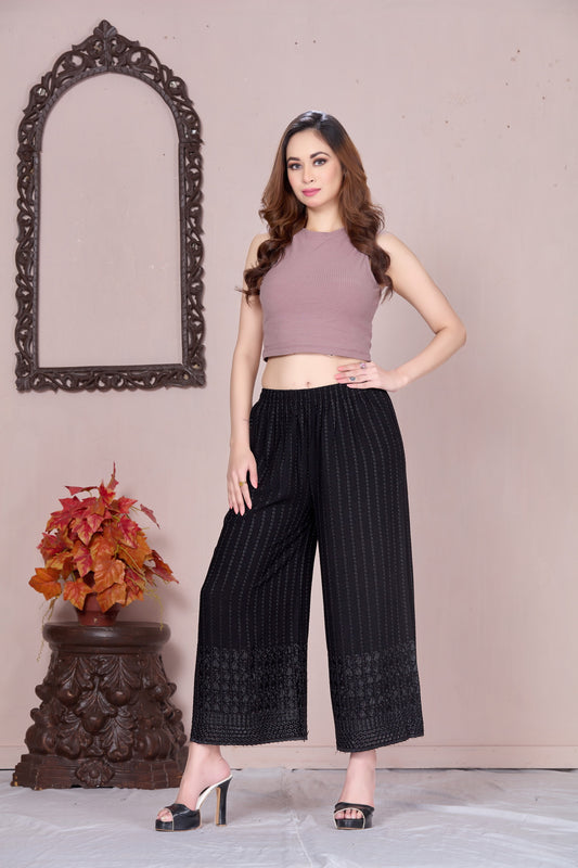 Flared Black Chikan (Embroidered) Palazzo Pant