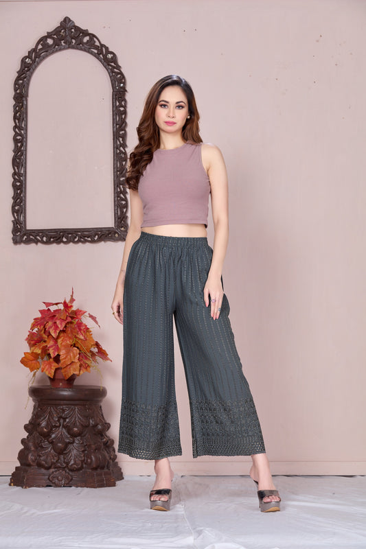 Flared Dark Grey Chikan (Embroidered) Palazzo Pant