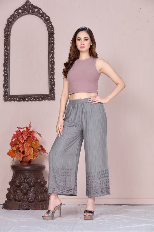 Flared Grey Chikan (Embroidered) Palazzo Pant