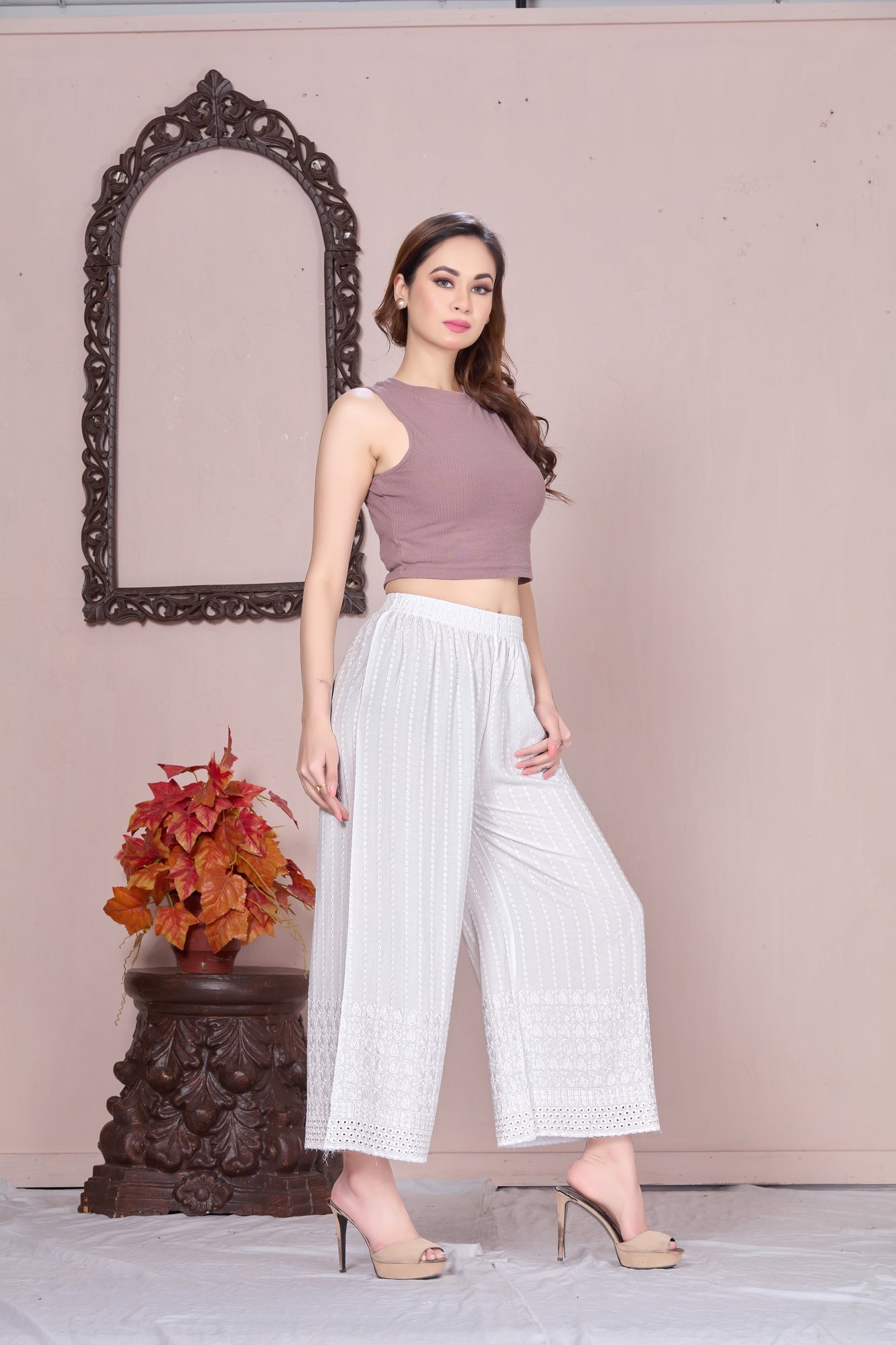 Flared White Chikan (Embroidered) Palazzo Pant