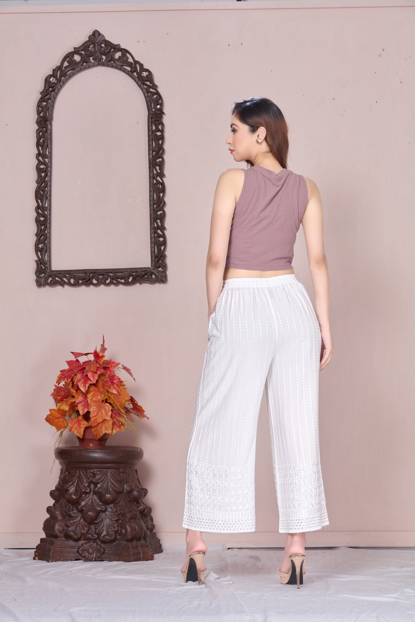 Flared White Chikan (Embroidered) Palazzo Pant