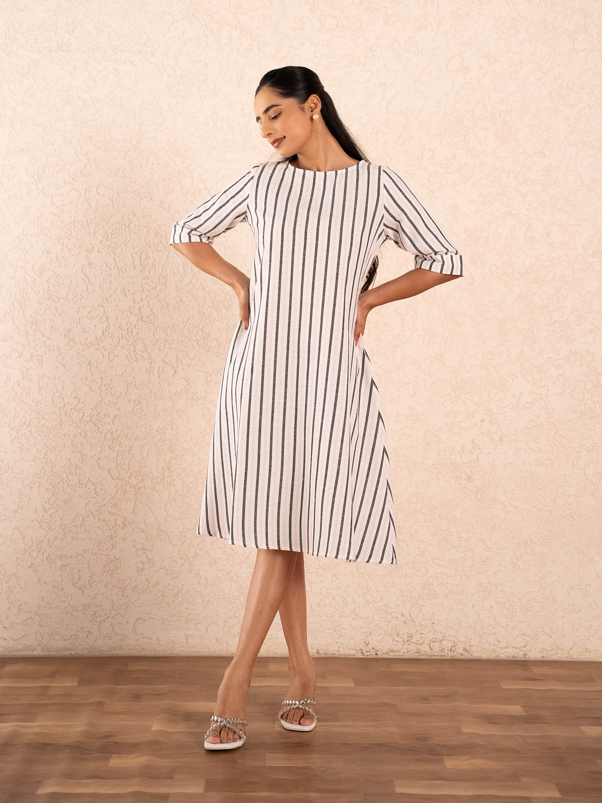 White & Black Striped Half Sleeve Cotton Dress