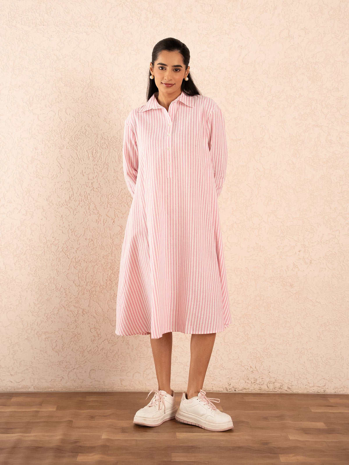 Pink & white Striped Full Sleeves Cotton Shirt Dress