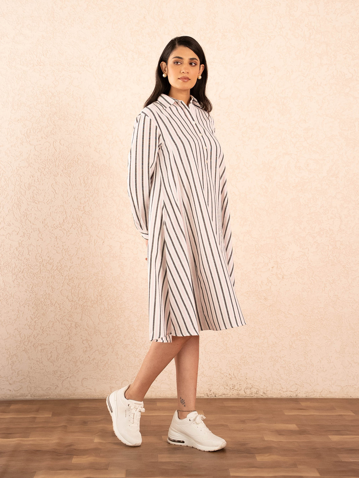 White, Baby Pink & Black Striped Full Sleeve Cotton Shirt Dress