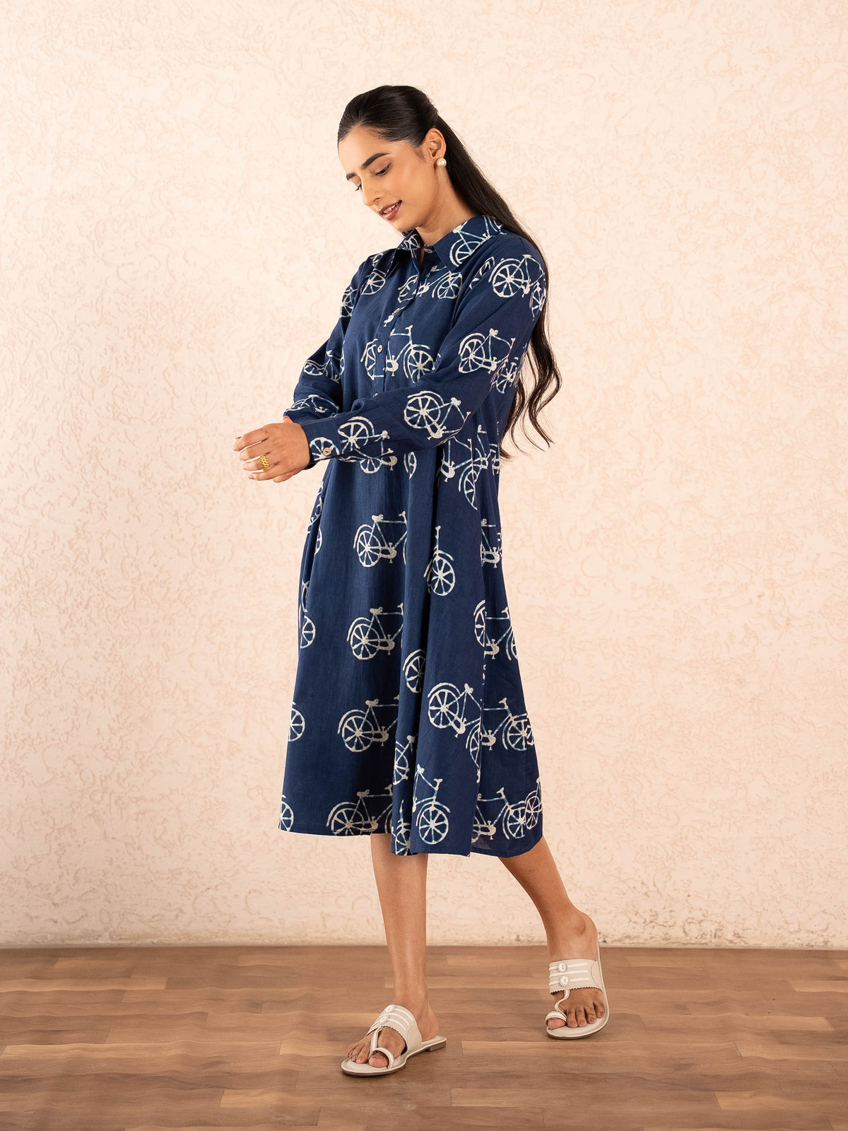Navy Blue Bicycle Print Full Sleeve Cotton Shirt Dress