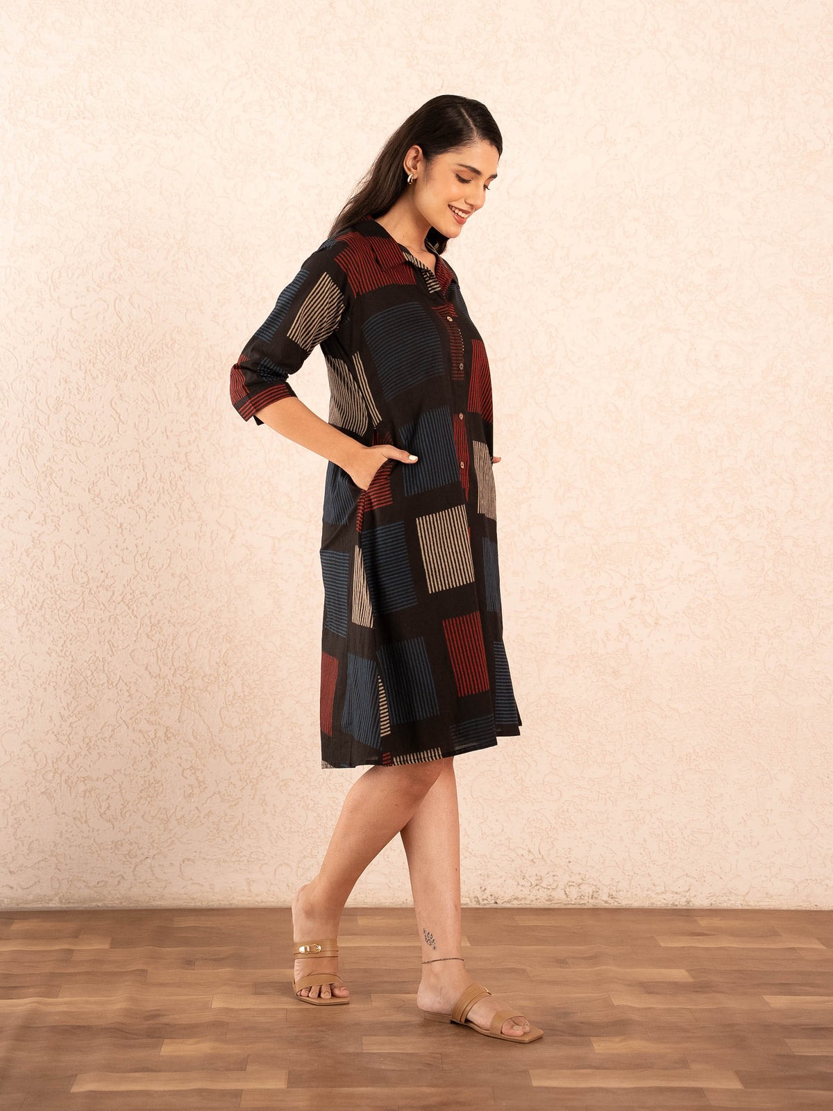 Black Geometric Print Cotton Shirt Dress