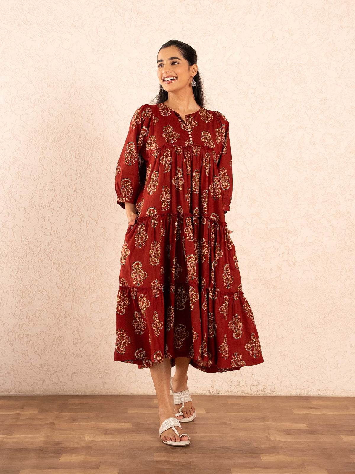 Maroon Paisley Print Tiered Cotton Dress