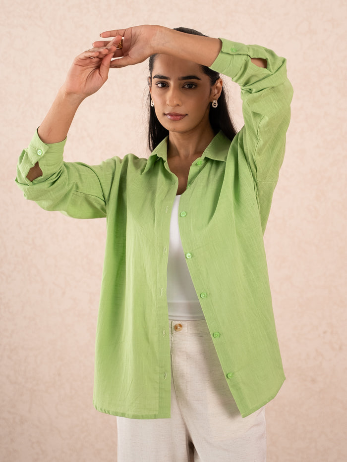 Lime Green Textured Relaxed Cotton Shirt