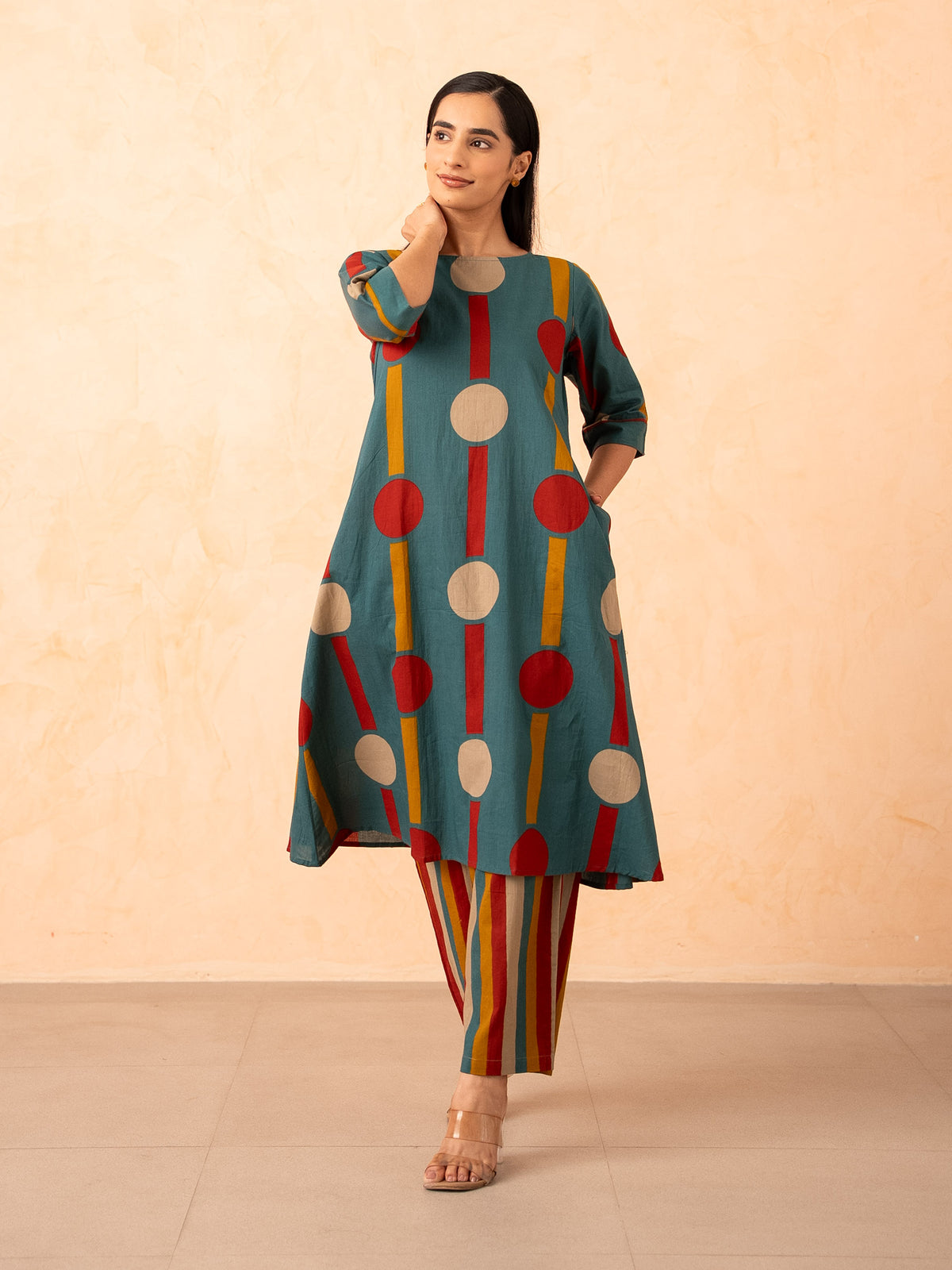 Teal Polka Dot & Stripe Print Kurta with Pants Set