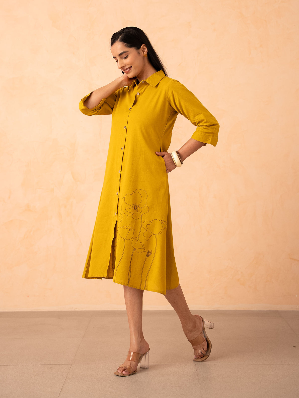 Mustard Yellow Floral Line-Art A-Line Shirt Dress