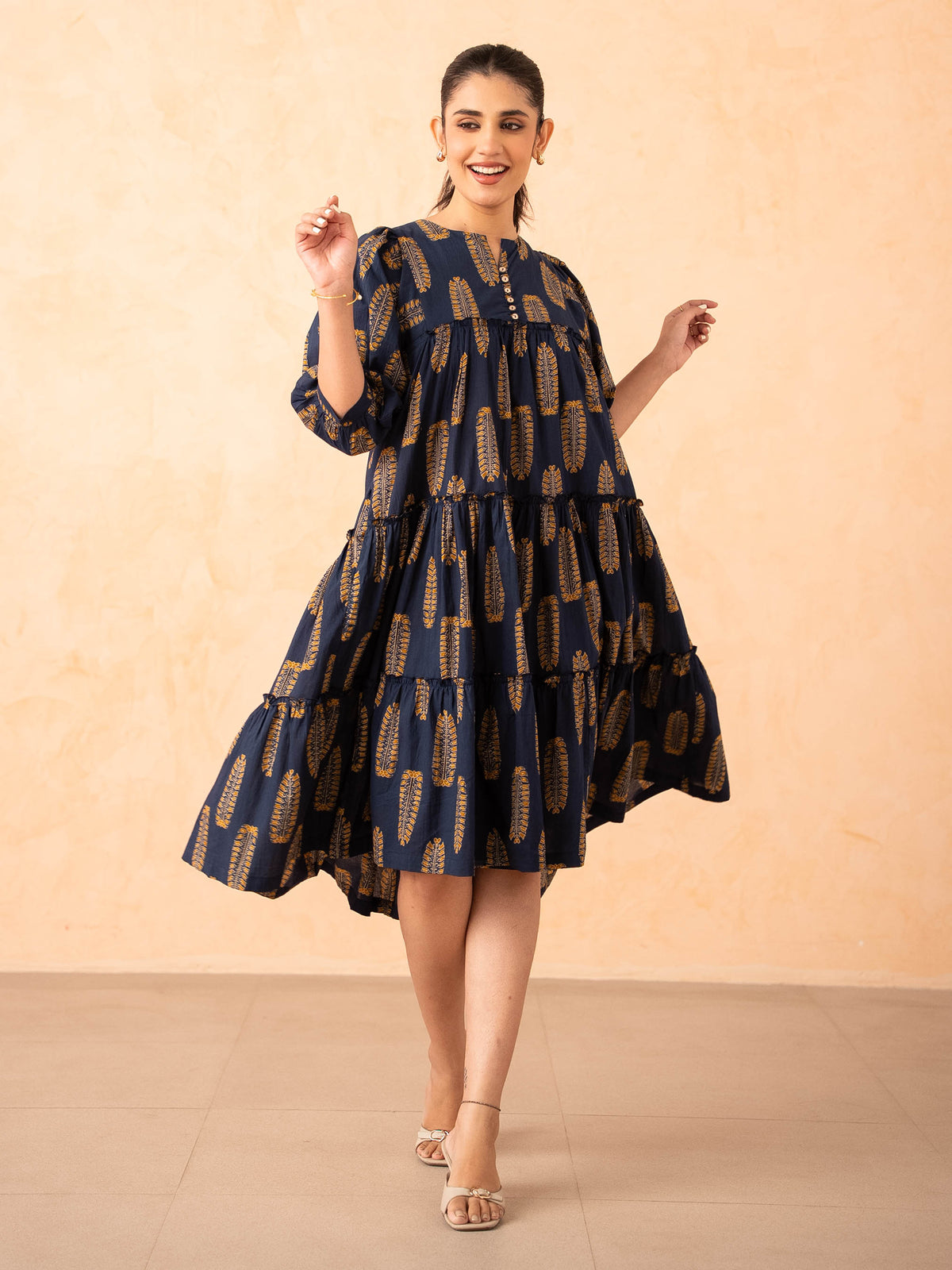 Navy Blue Leaf Print Tiered Cotton Dress