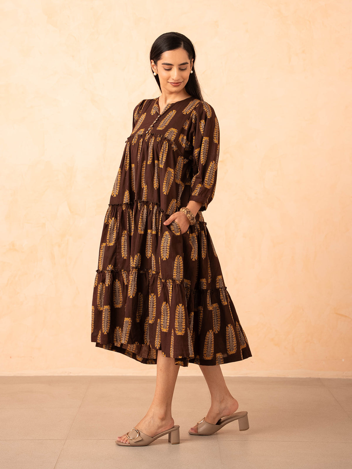Brown Leaf Print Tiered Cotton Dress