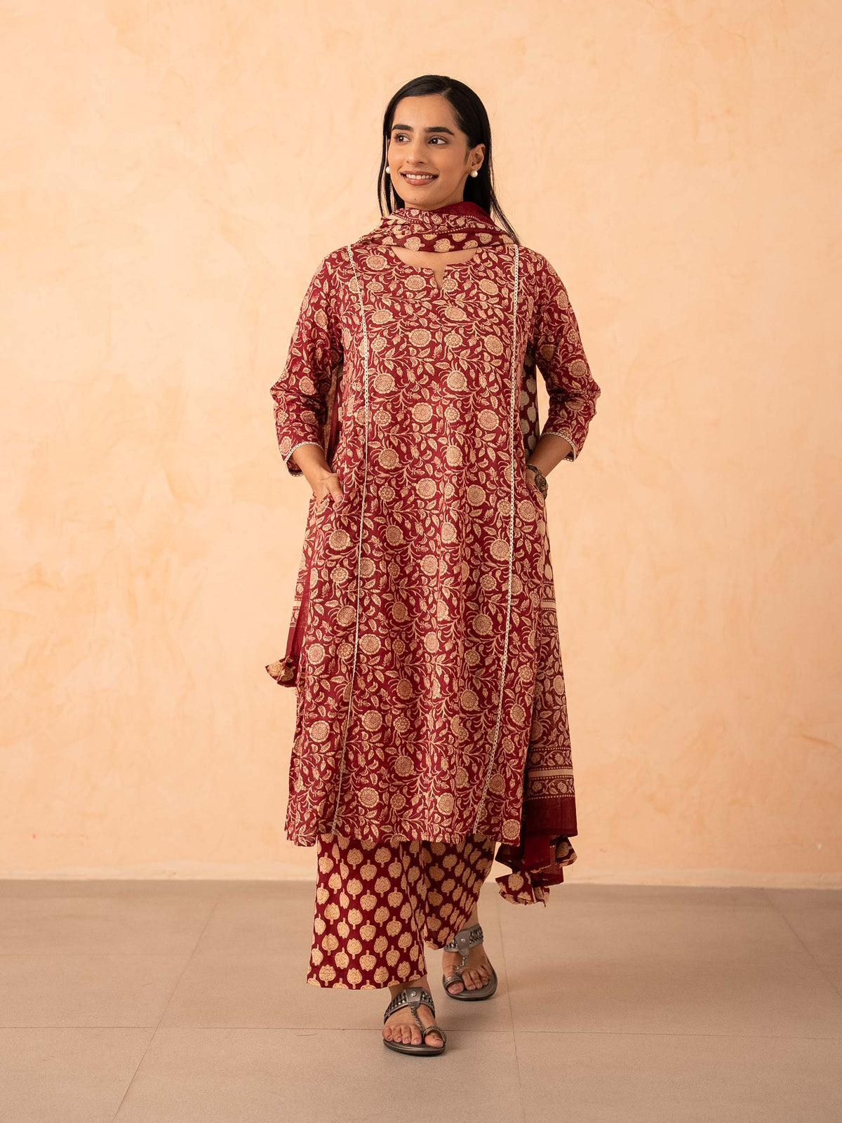 Maroon Floral Print Kurta with Palazzo and Dupatta Set