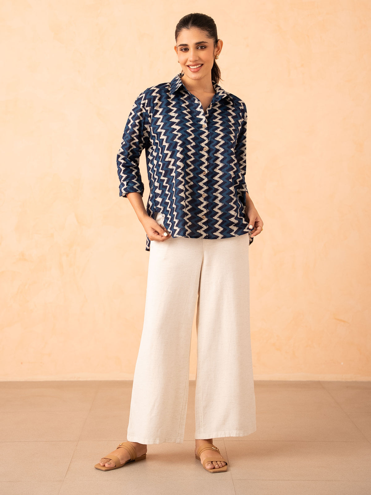 Navy Blue Chevron Print Relaxed Cotton Shirt