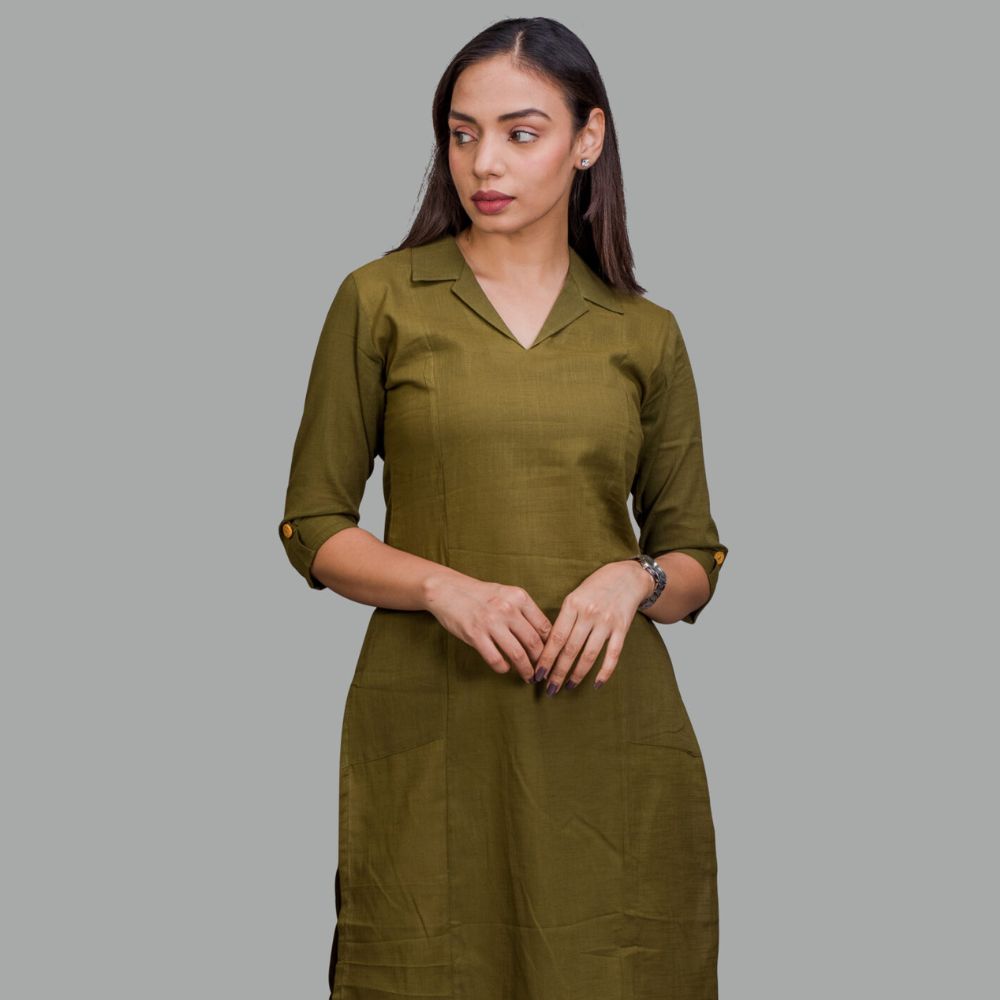 Collared Olive Green Kurti with pockets Vivika Fashion Collared Olive Green Kurti with pockets Vivika Fashion