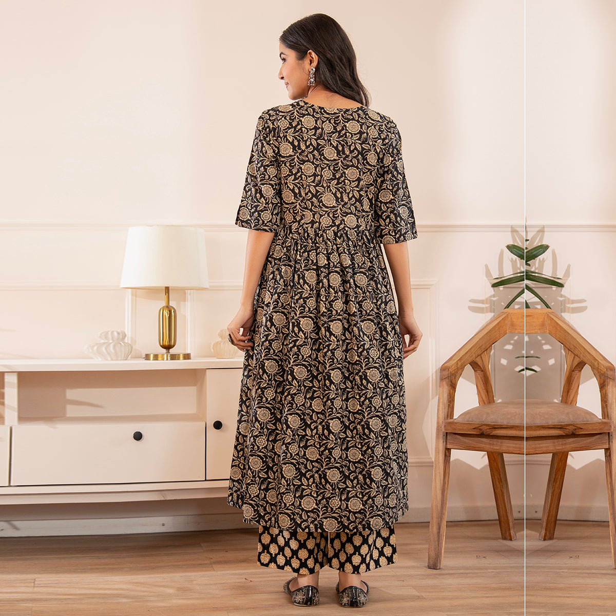 Black Floral Printed Cotton Kurta Palazzo Set With Dupatta