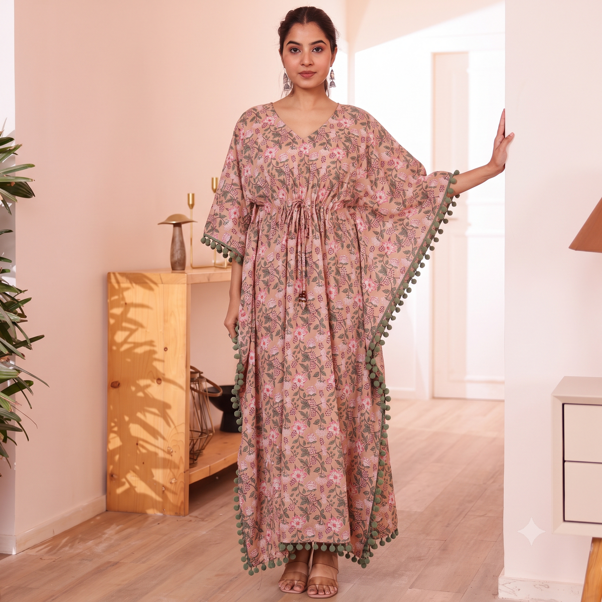 Peach Floral Print Kaftan with Green Pom Pom Lace