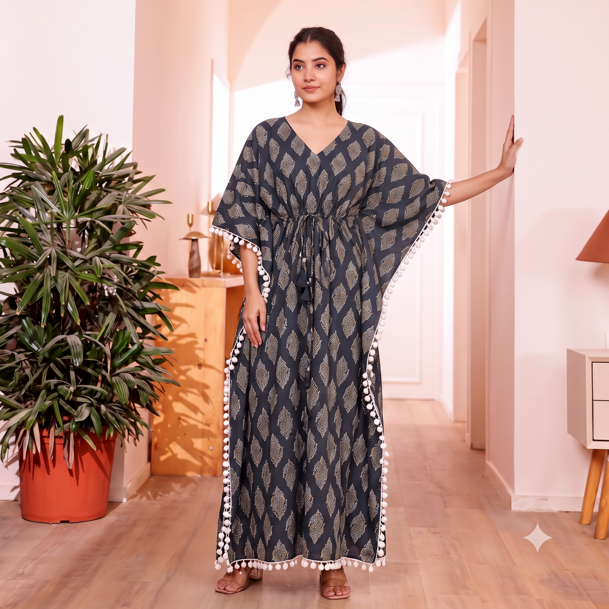 Black Leaf Motif Print Kaftan with Off-white Pom Pom Lace