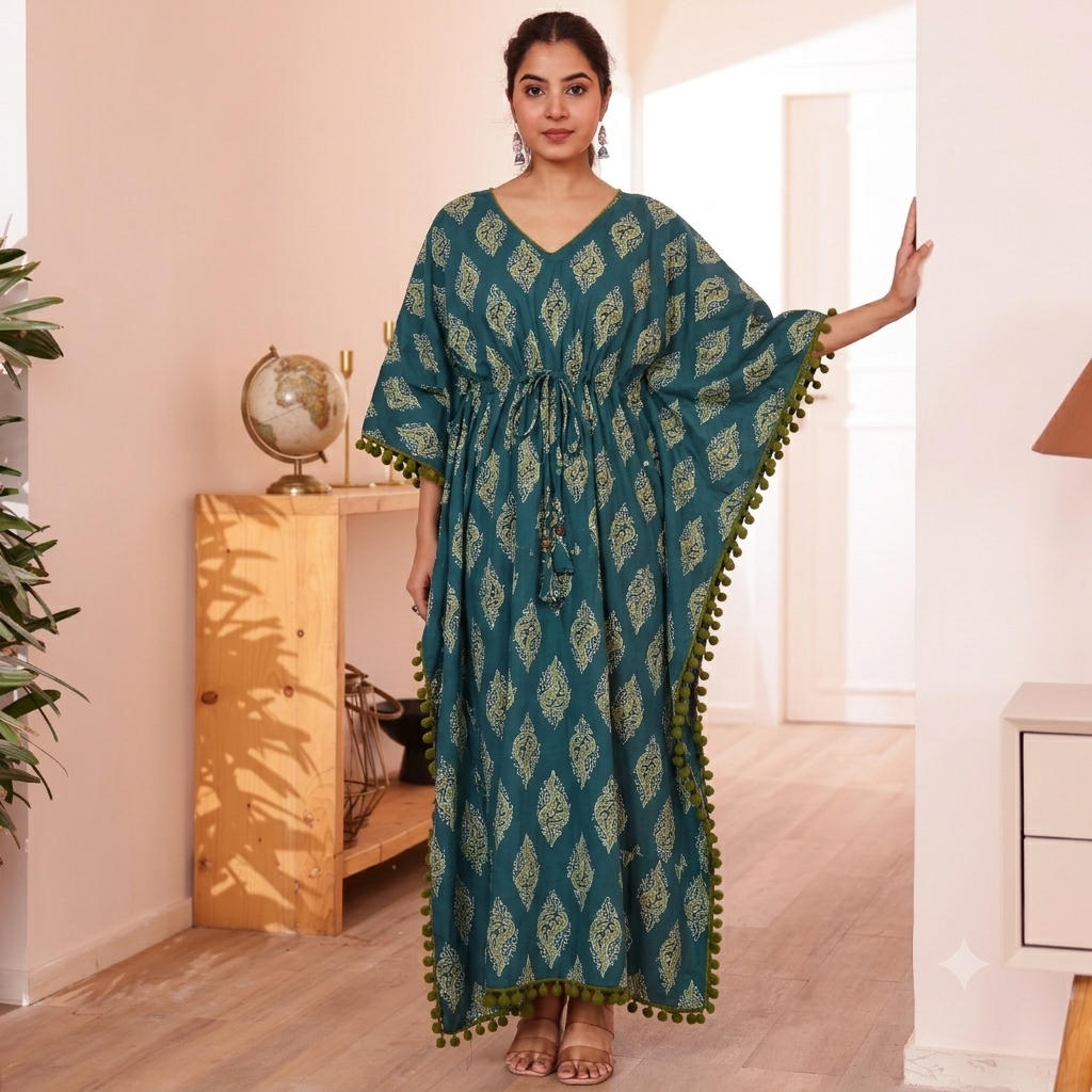 Teal Leaf Print Kaftan with Green Pom Pom Lace