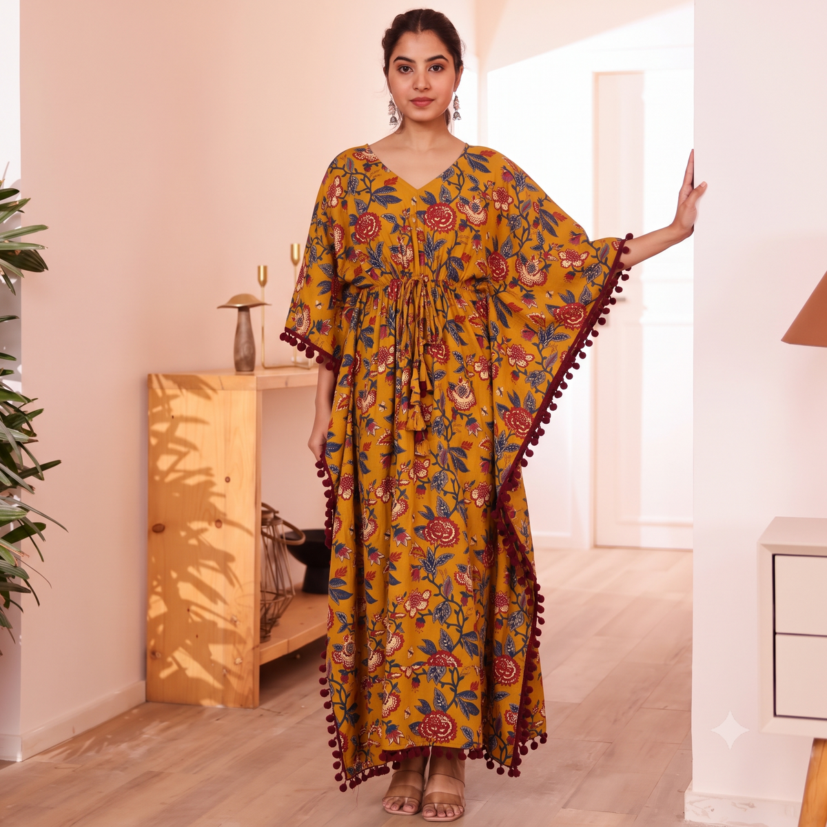 Mustard Floral Print Kaftan with Maroon Pom Pom Lace