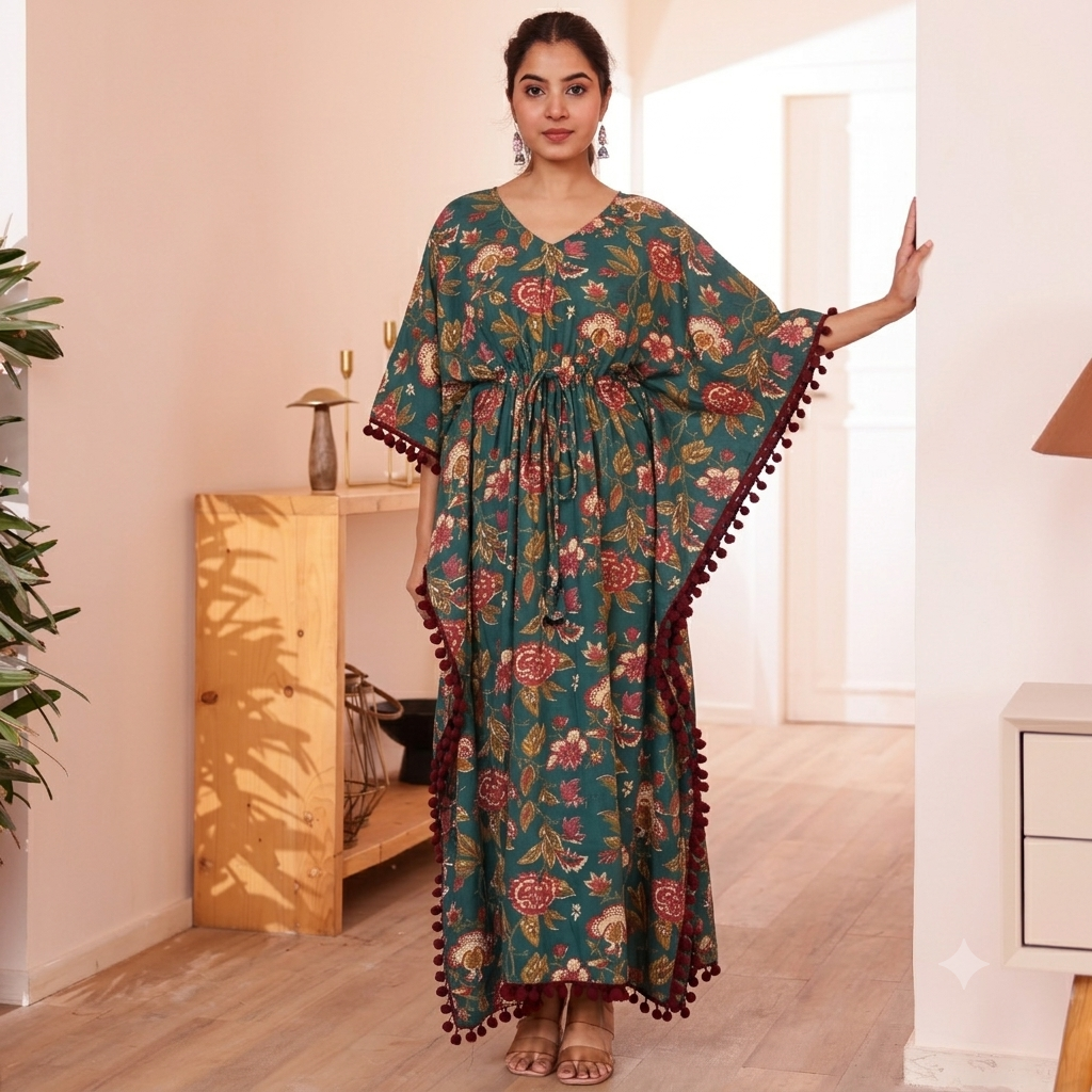 Teal Floral Print Kaftan with Maroon Pom Pom Lace