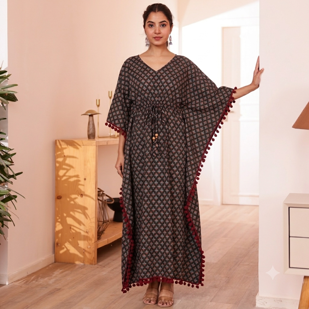 Black Ajrakh Print Kaftan with Maroon Pom Pom Lace