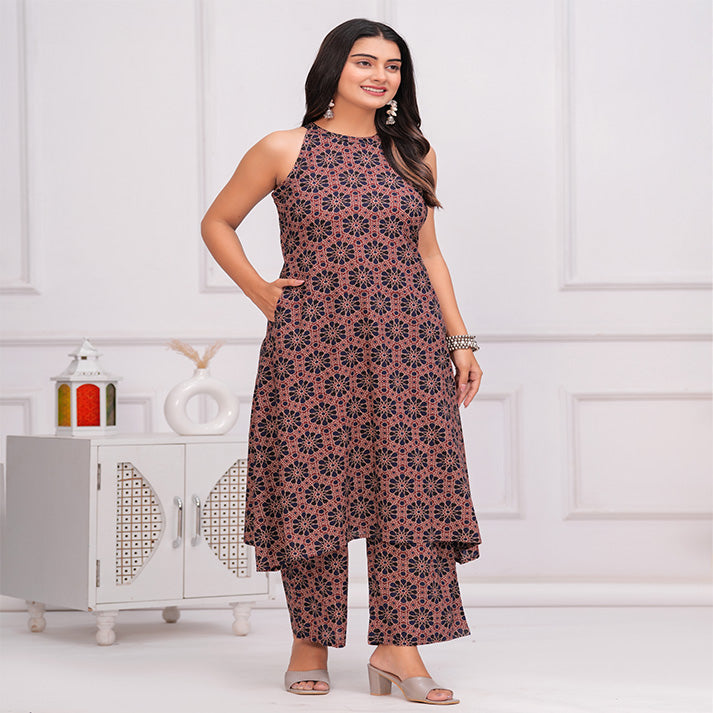 Navy Blue and maroon Ajrakh printed cotton coord set