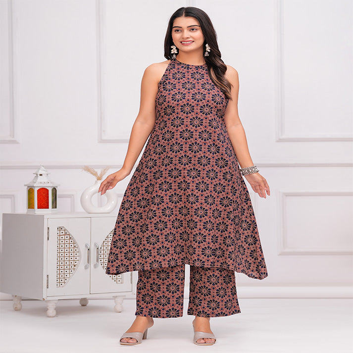 Navy Blue and maroon Ajrakh printed cotton coord set